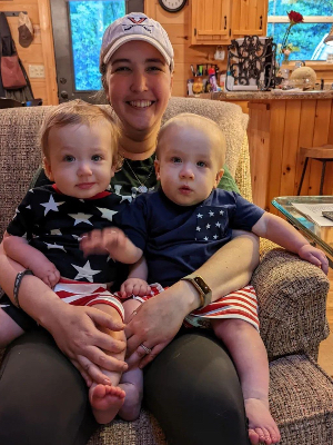 Katie and her twin boys, July, 2022.