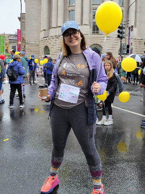 Steph and her survivor balloon at the Race for Hope 2024